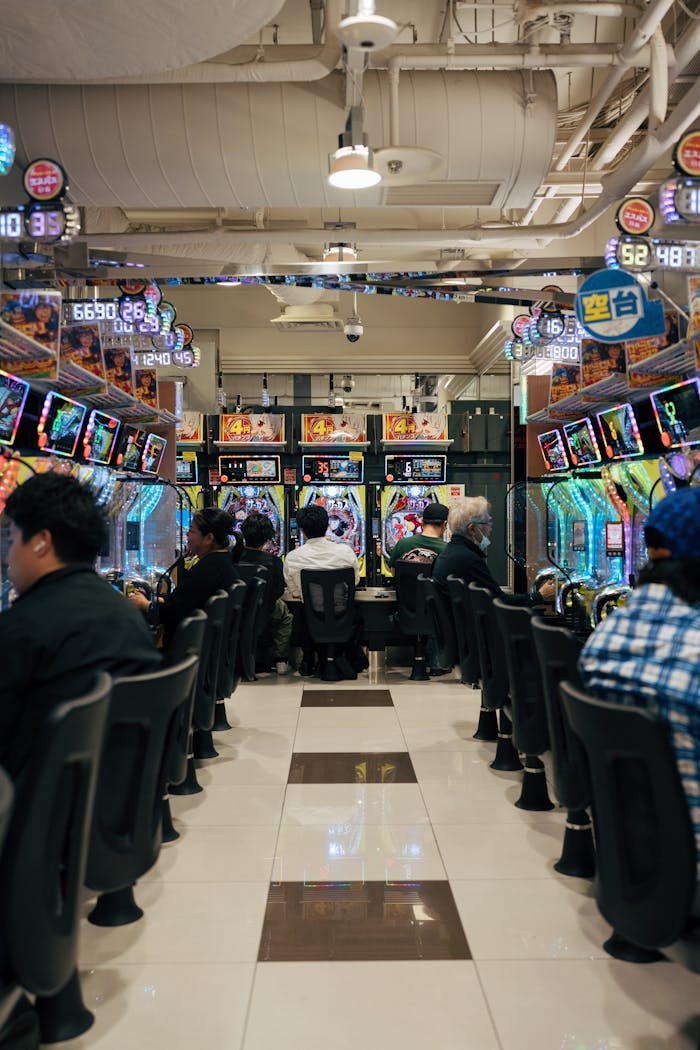 Vibrant Japanese arcade with adults playing pachinko machines indoors.